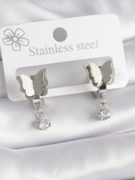 Erb 316L Çelik Gümüş Renk Simli Kelebek Model Sallantı Zirkon Taşlı Kadın Küpe