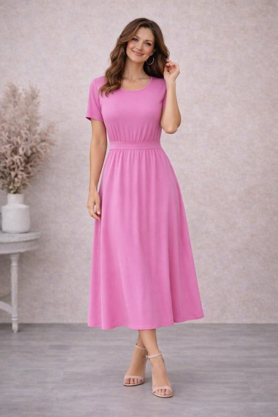 Kadın Kısa Kollu Yuvarlak Yaka Arkadan Düğmeli Viskon Midi Elbise