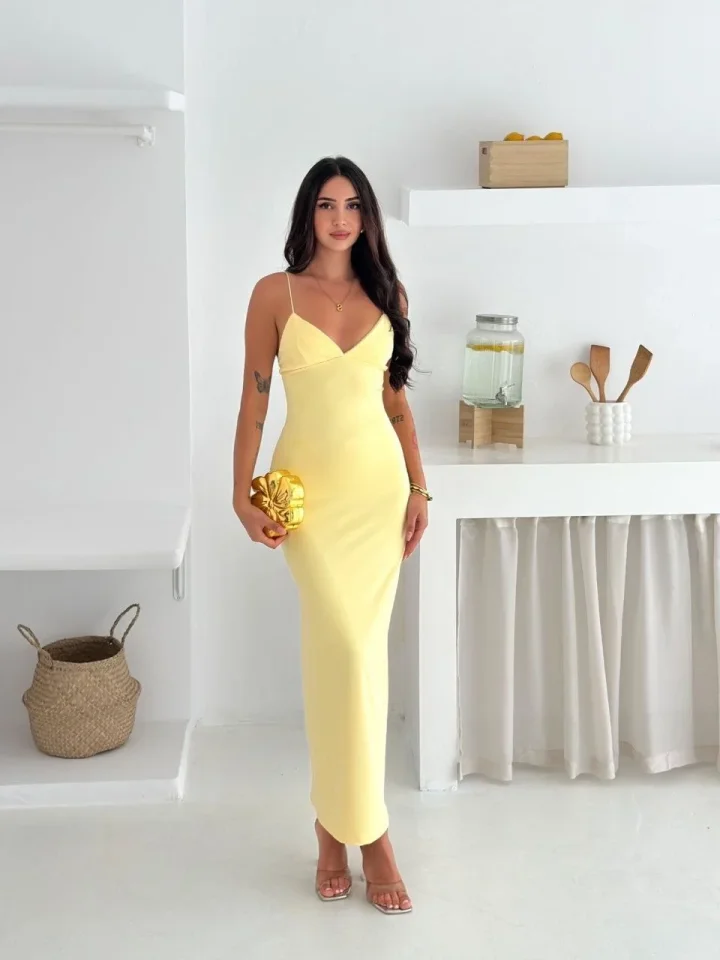 Askılı Uzun Elbise V Yaka Şık Gece Elbisesi Vücuda Oturan - Sarı