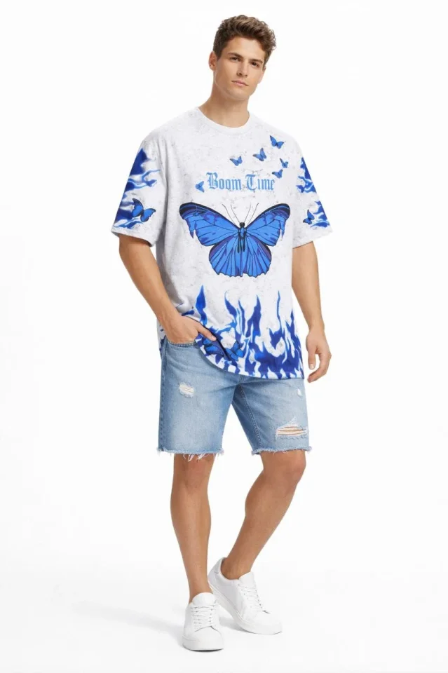 Erkek Asit Yıkamalı Oversize Tişört Mavi Kelebek Baskılı Dijital Print Bisiklet Yaka Streetwear T-Shirt - Beyaz