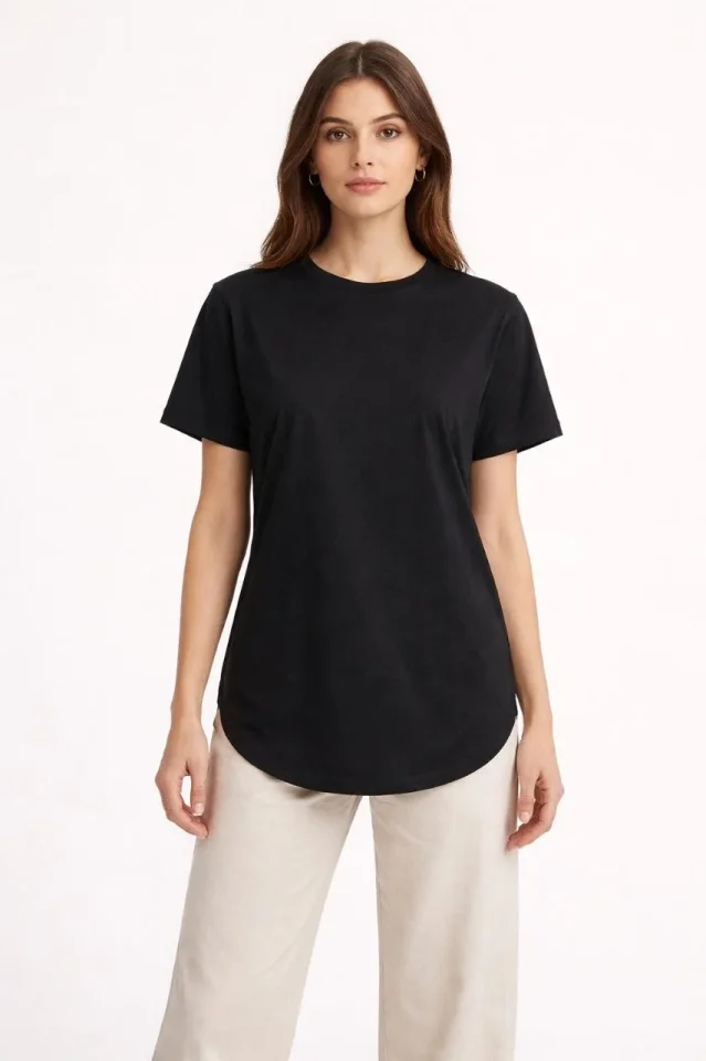 Basic T-Shirt Kısa Kol Bisiklet Yaka Oval Kesim Tişört - Siyah