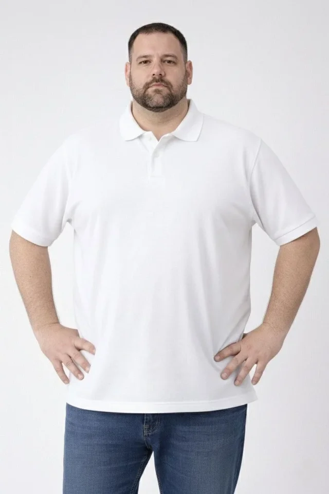 Erkek Pike Kumaş Düğmeli Yaka Battal Büyük Beden Günlük Kısa Kol Tişört T-shirt - Beyaz
