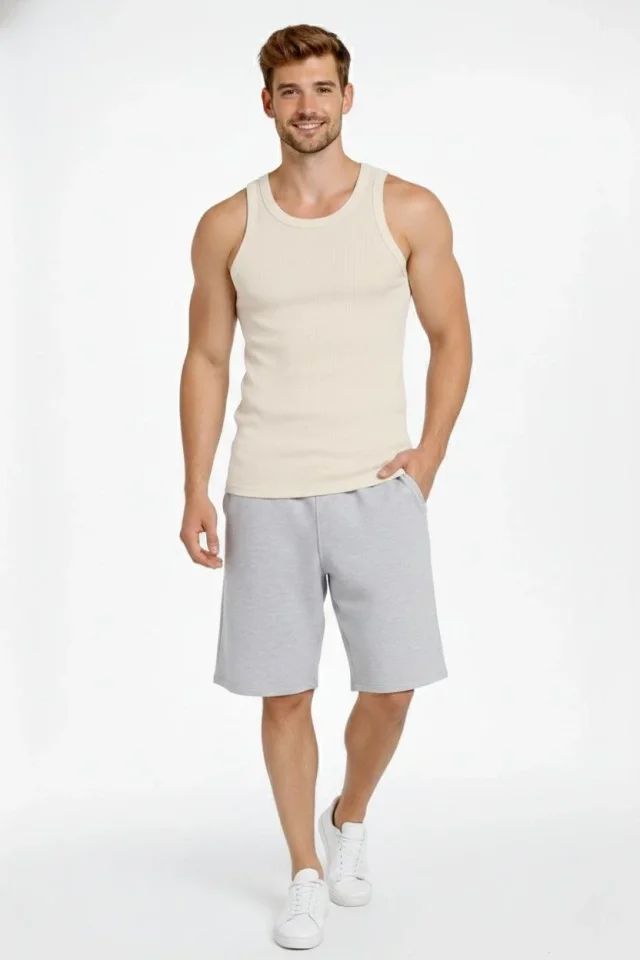Erkek Fitilli Atlet Sıfır Yaka Slim Fit Arka Baskılı Spor Atlet - Krem