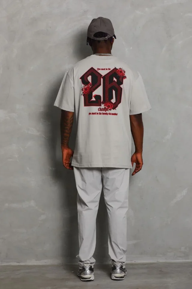 ERKEK Oversize Baskılı Bisiklet Yaka T-Shirt - Gri