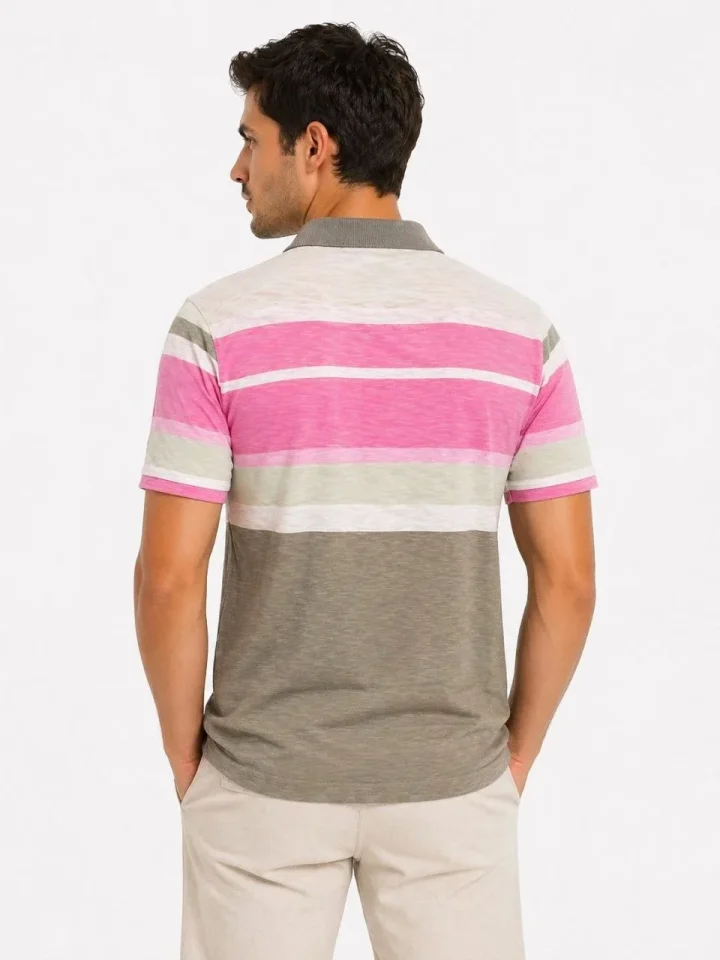Erkek Flamlı Penye Çizgili Polo Yaka Tişört Kısa Kol Yazlık T-Shirt - Gri