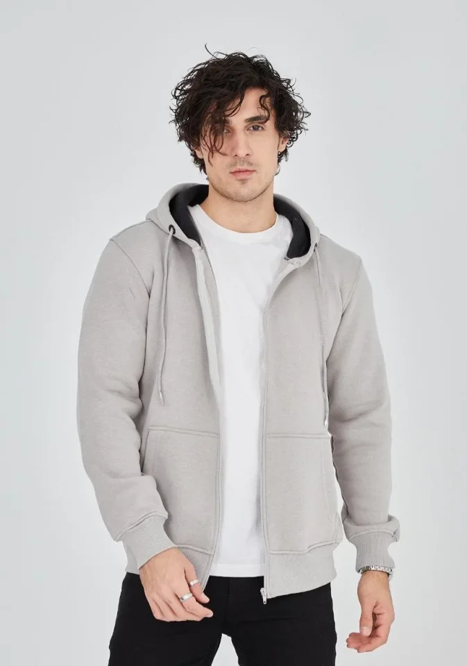 Unisex Tam Fermuarlı Kapşonlu SweatShirt - Boyalı Gri