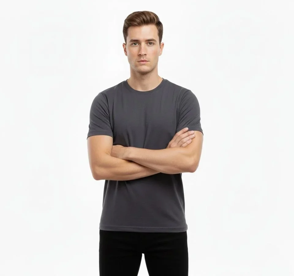Erkek T-Shirt Bisiklet Yaka Slim Fit Dar Kesim Likralı Tişört Günlük Basic Body - Füme