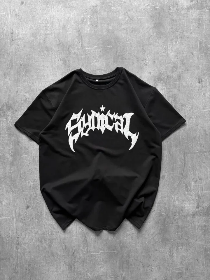 Bisiklet Yaka Ön Baskılı Kısa Kollu Tişört Streetwear Günlük Basic Pamuklu T-shirt - Siyah