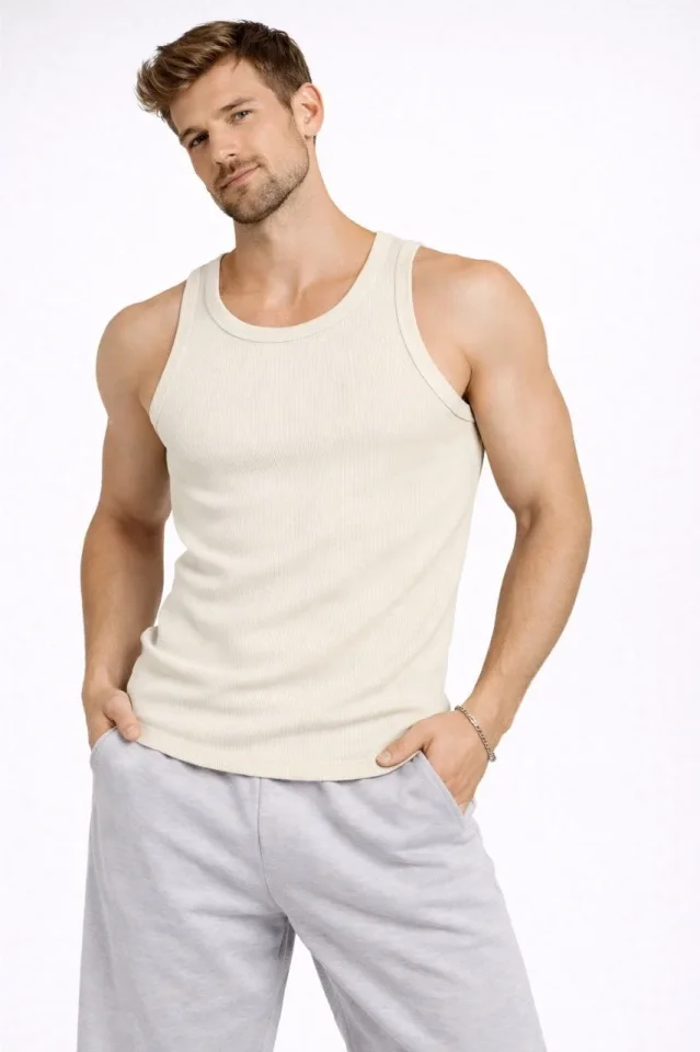 Erkek Fitilli Atlet Sıfır Yaka Slim Fit Arka Baskılı Spor Atlet - Krem