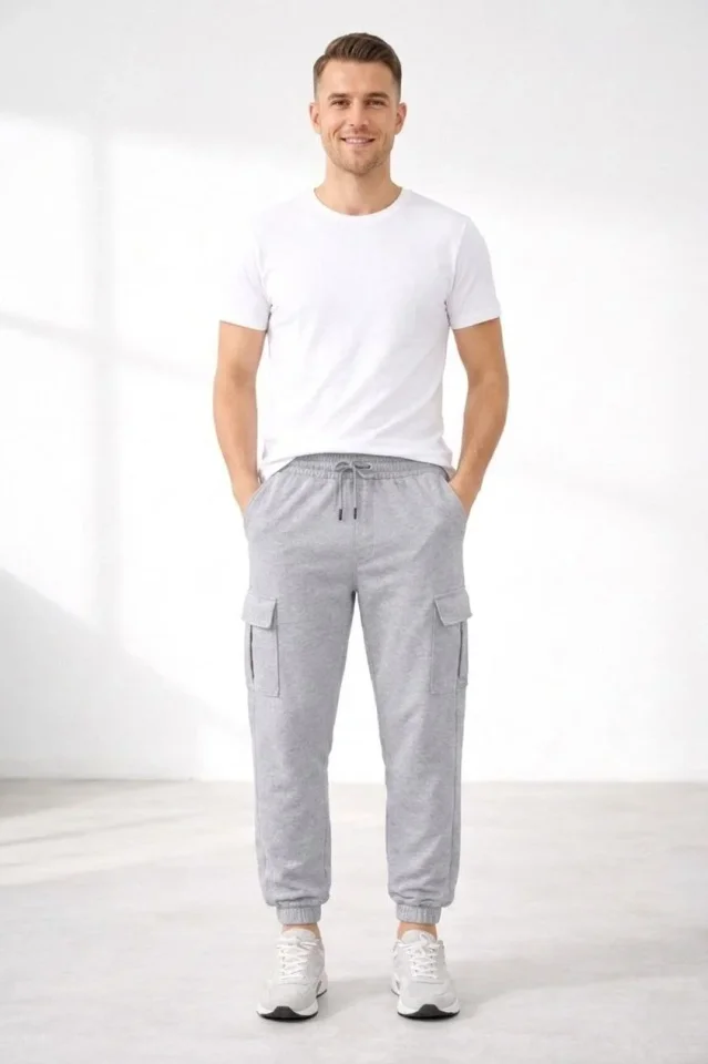 Erkek Jogger Eşofman Altı Regular Fit , Kargo Cepli, Lastikli Paça, Günlük Spor Pantolon - Gri