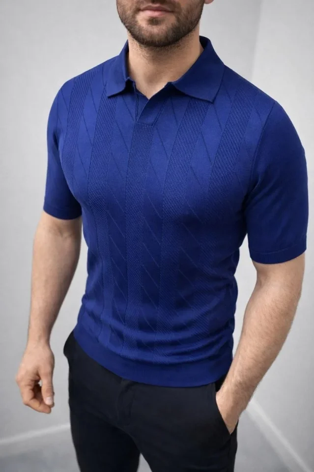 Erkek Yazlık Triko Dokuma Tişört Kısa Kol Polo Yaka T-Shirt - Lacivert