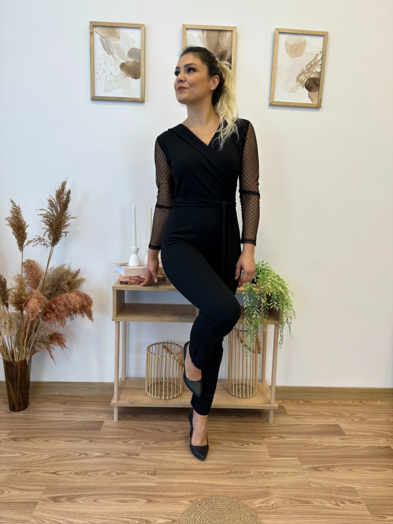 Kadın Uzun Kollu Kruvaze Yakalı Kolları Tül Detay Beli Kuşaklı Ithal Krep Tulum