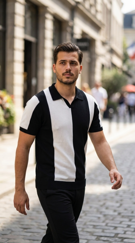 Erkek Kısa Kollu Polo Yakalı Blok Desenli Triko Bluz