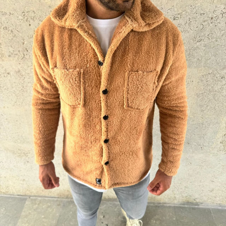 Erkek Pelüş Polar Hırka Gömlek – Yakalı, İlik Düğmeli, Göğüs Cepli, Yumuşak Dokulu Kışlık Regular Fit Rahat Günlük Model - Açık Kahve