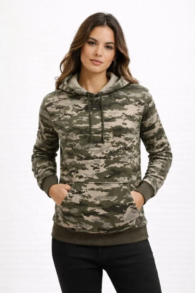 Kamuflaj Desenli 2 İplik 4 Mevsim Kapüşonlu Kanguru Cepli Hoodie Sweatshirt - Kamuflaj