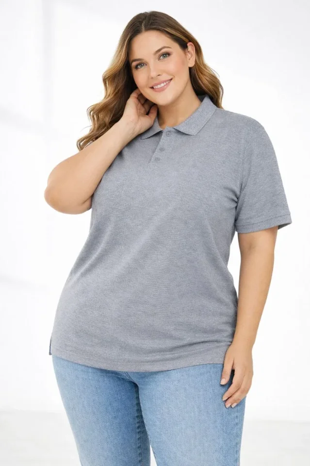 Pike Kumaş Düğmeli Yaka Battal Büyük Beden Günlük Kısa Kol Tişört T-shirt - Gri