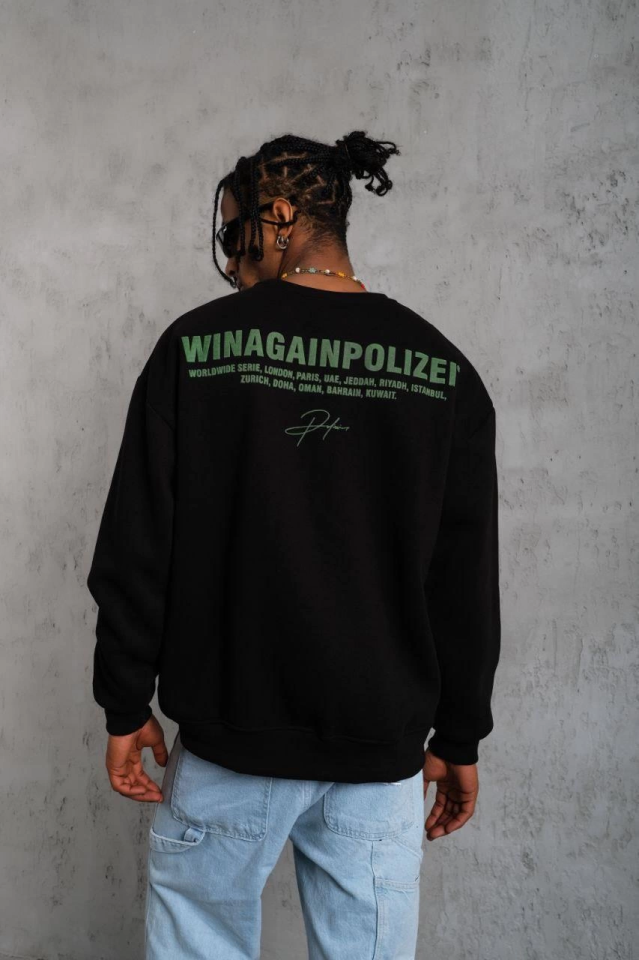 Erkek Oversize Sweatshirt – Siyah Renk Ön Ve Sırt Baskılı, Üç İplik İçi Pamuklu Kumaş, Rahat Kalıp, Ribanalı Kışlık Sweat Winagain Polizei Serisi - Siyah
