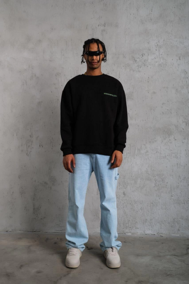 Erkek Oversize Sweatshirt – Siyah Renk Ön Ve Sırt Baskılı, Üç İplik İçi Pamuklu Kumaş, Rahat Kalıp, Ribanalı Kışlık Sweat Winagain Polizei Serisi - Siyah
