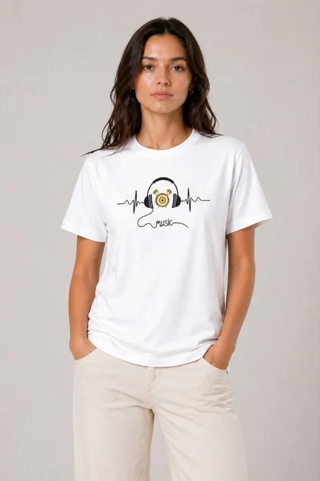 Müzik Temalı Baskılı Tişört Bisiklet Yaka Kısa Kol T-Shirt - Beyaz