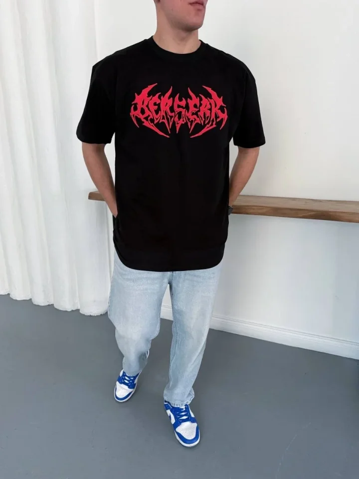 Erkek Baskılı T-Shirt Yazlık Kısa Kol Bisiklet Yaka Rahat Kalıp Tişört - Siyah