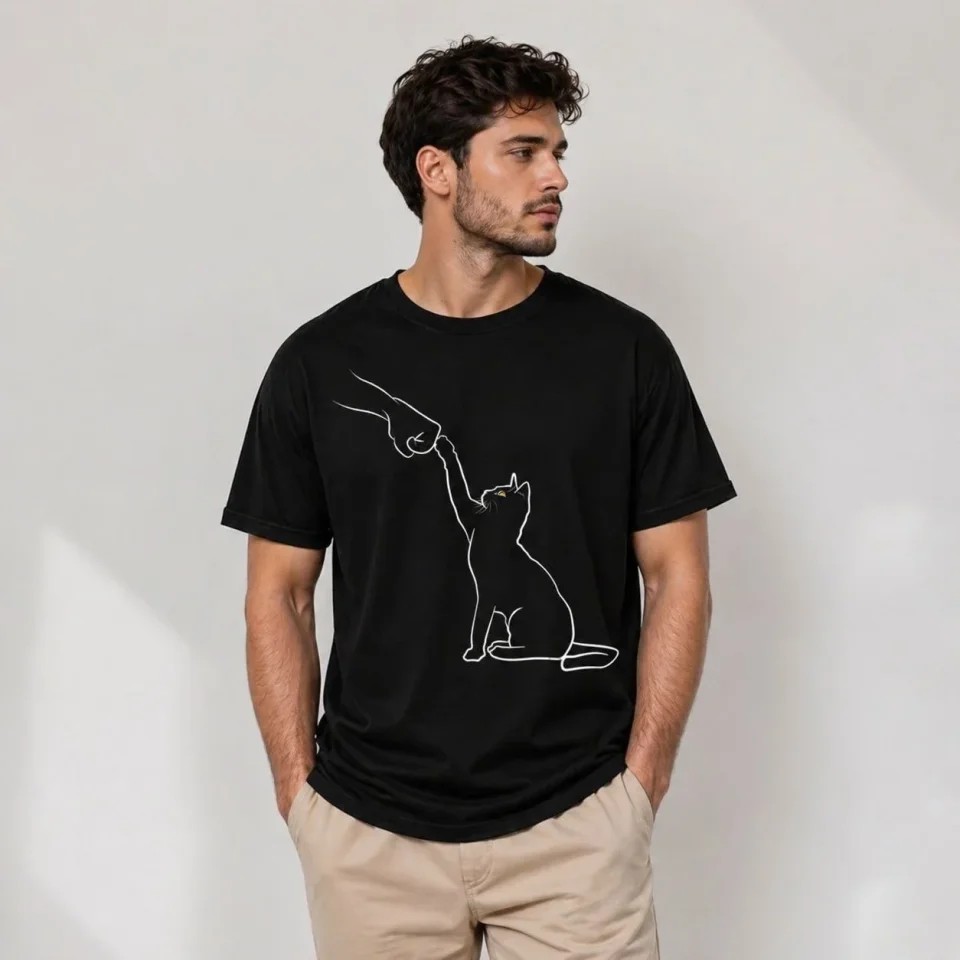Erkek Minimal Kedi Çizim Baskılı Tişört Kısa Kol Yazlık T-Shirt - Siyah