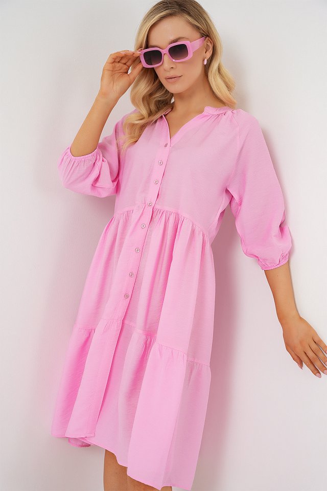 Düğmeli Kısa Kol Elbise 2559 - Pembe