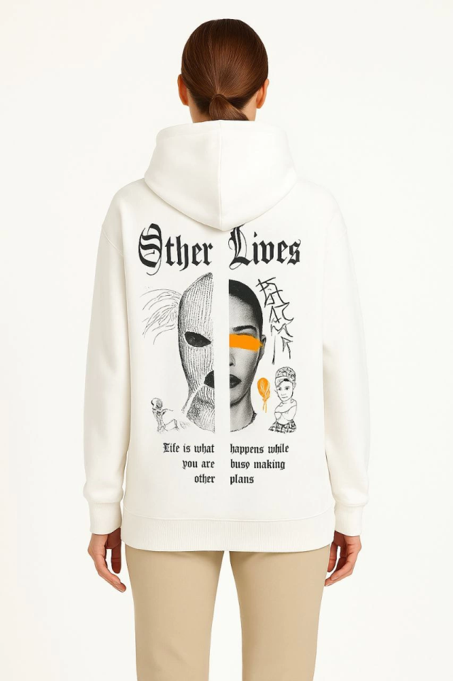 Kapşonlu Sweatshirt – Oversize Üç İplik Şardonlu Hoodie, “Other Lives” Ön - Arka Baskılı, Kanguru Cepli, Kışlık Rahat Günlük Stil - Beyaz