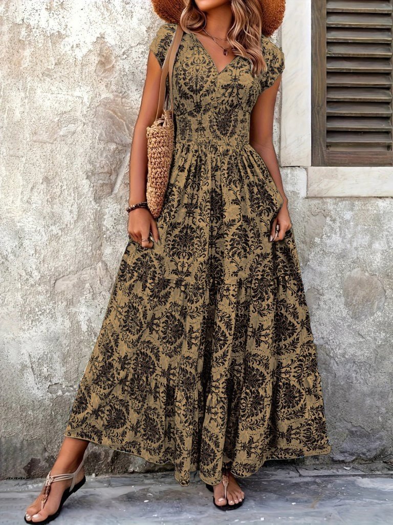 Kadın Kısa Kollu Kruvaze Yaka Beli Lastikli Süprem Maksi Boy Elbise