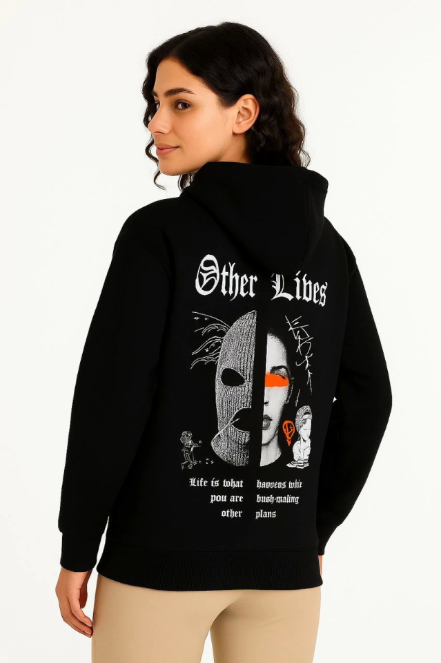 Üç İplik Kapşonlu ön Ve Arka Baskılı SweatShirt Hoodie- Siyah