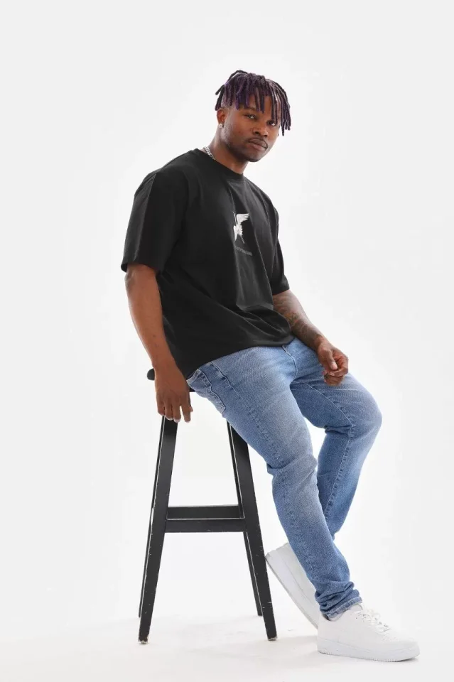 Unisex Baskılı Oversize T-Shirt - Siyah