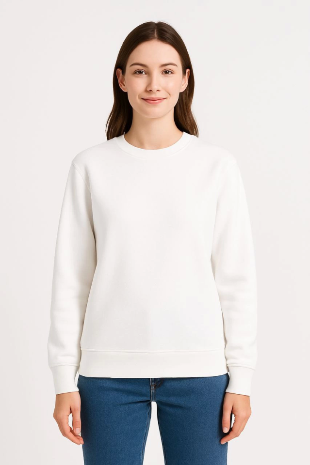 Üç İplik Düz Bisiklet Yaka SweatShirt - Beyaz