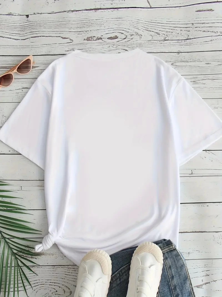 Baskılı Oversize Bisiklet Yaka T-shirt - Beyaz