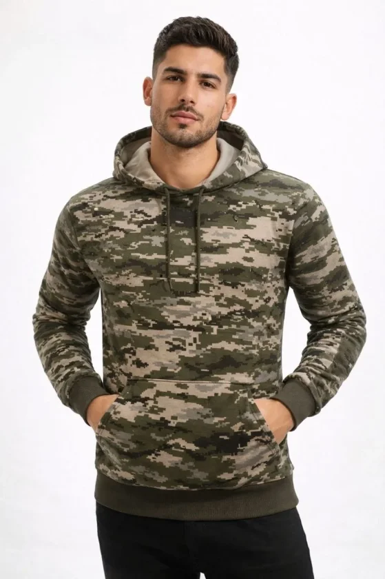 Erkek Kamuflaj Desenli 2 İplik 4 Mevsim Kapüşonlu Kanguru Cepli Hoodie Sweatshirt - Kamuflaj