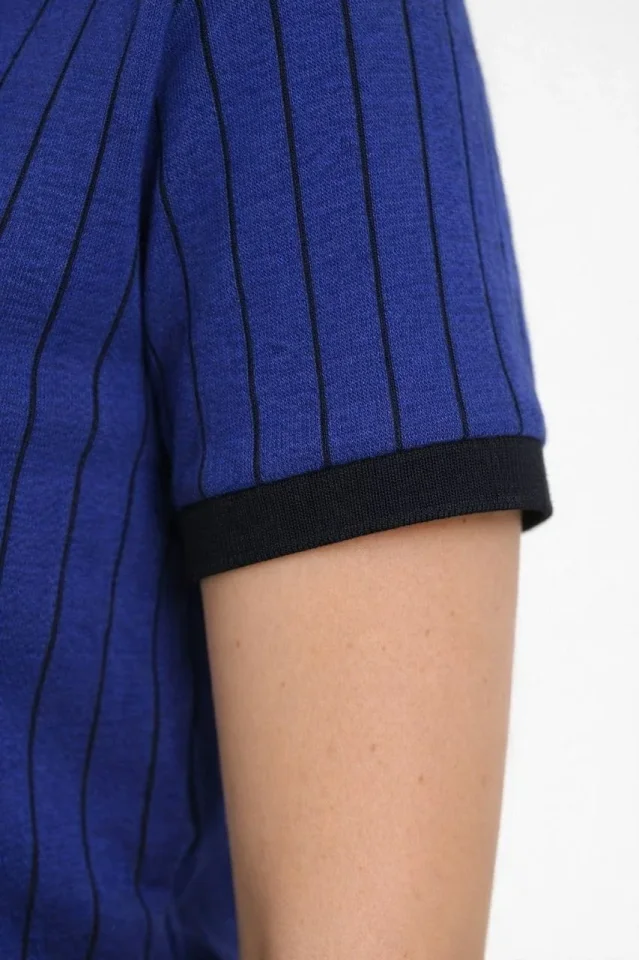 Polo Yaka Çizgili Tişört Kısa Kol Düğmeli Yazlık T-Shirt - Saks Mavisi