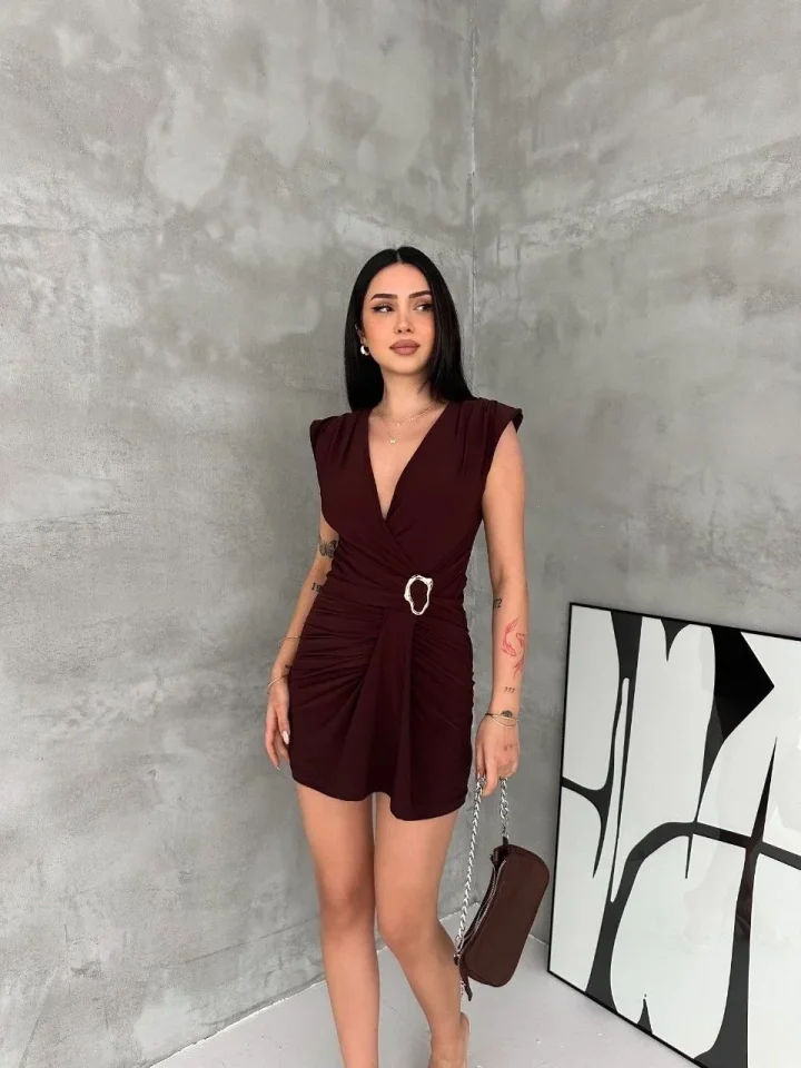 Kruvaze Drapeli Tokalı Mini Elbise Şık Gece Davet Abiye - Kahverengi
