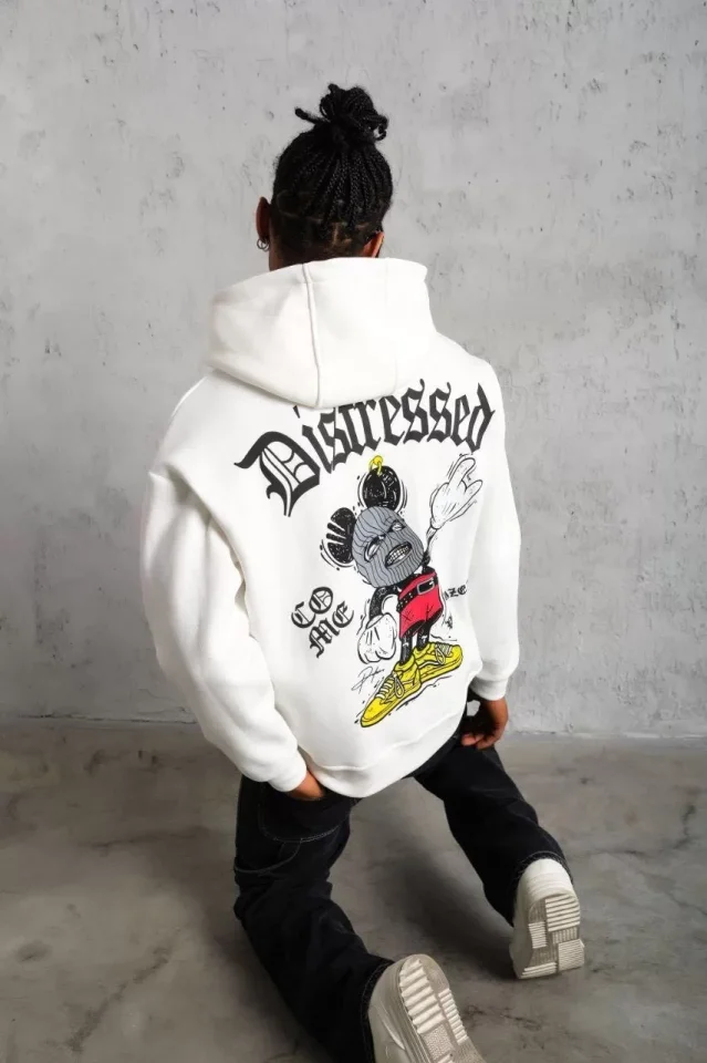 Erkek Üç İplik Baskılı Kapüşonlu Sweat - Beyaz
