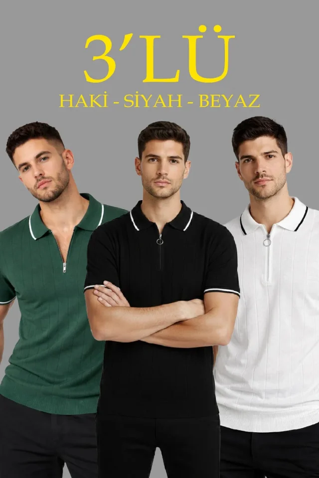 Erkek 3’lü Paket Dokuma Triko Fermuarlı Yakalı Fitilli Kısa Kollu Regular Fit Tişört - Beyaz, Haki, Siyah