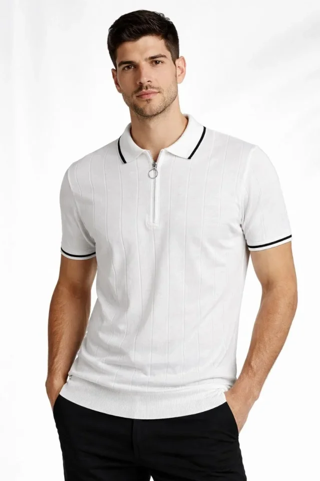 Erkek Dokuma Triko Tişört Fermuar Yakalı Yazlık Kısa Kol T-Shirt 2’li Set Bej-Beyaz