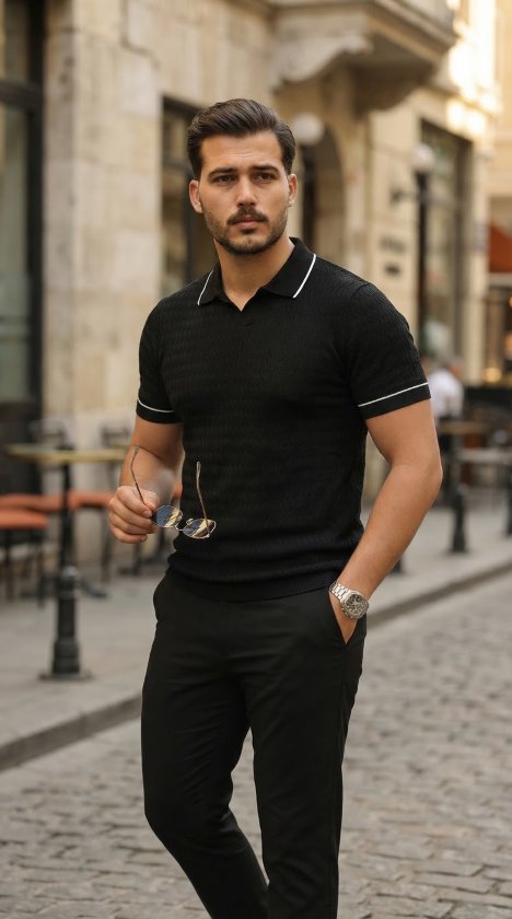 Erkek Zikzak Dokulu Yakalı Kısa Kollu Triko