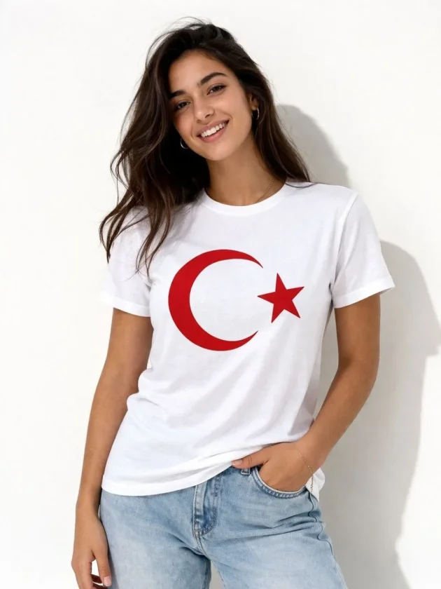 T-Shirt Kısa Kol Bisiklet Yaka Ay Yıldız Bayrak Baskılı Tişört - Beyaz