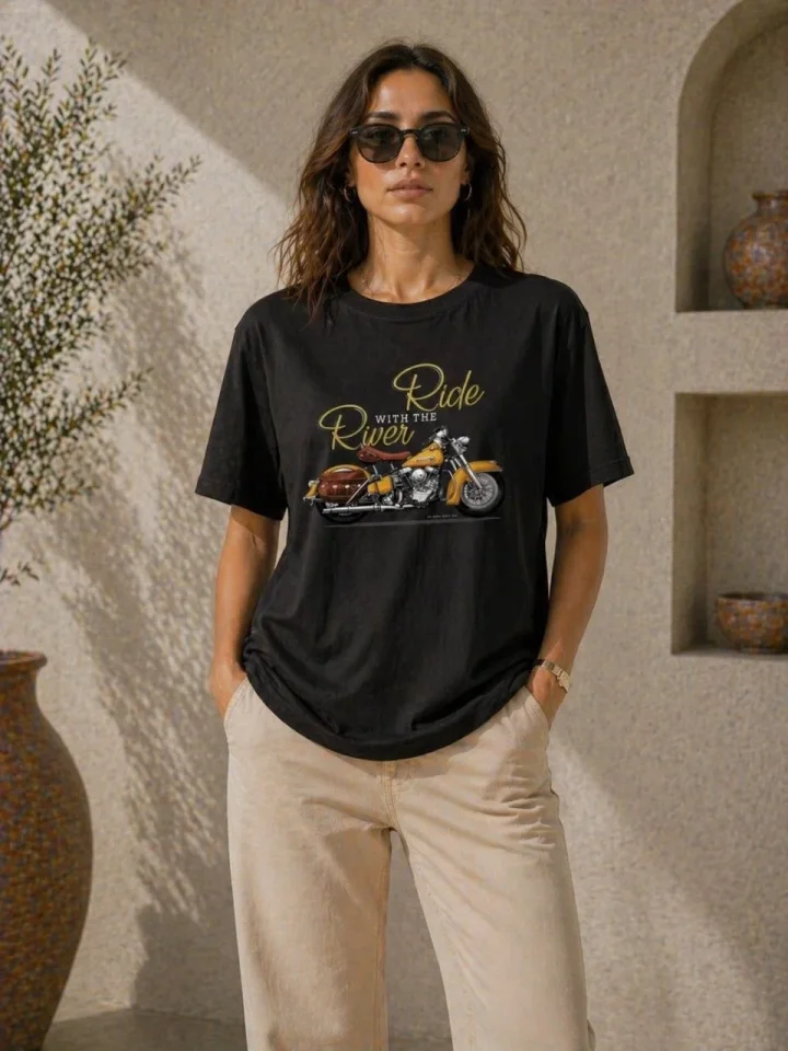 Motosiklet Baskılı Tişört Bisiklet Yaka Kısa Kol Yazlık T-Shirt - Siyah