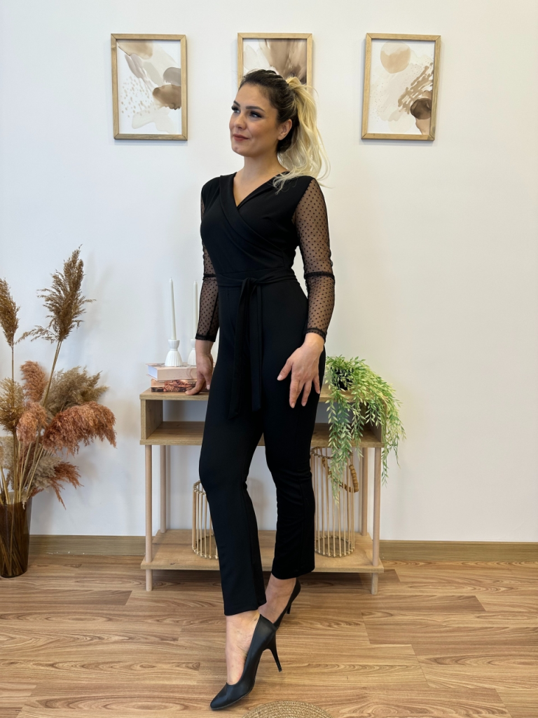 Kadın Uzun Kollu Kruvaze Yakalı Kolları Tül Detay Beli Kuşaklı Ithal Krep Tulum