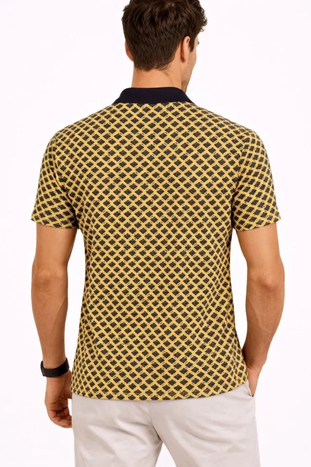 Erkek Pike Kumaş Polo Yaka Desenli Tişört Kısa Kol Yazlık T-Shirt - Sarı