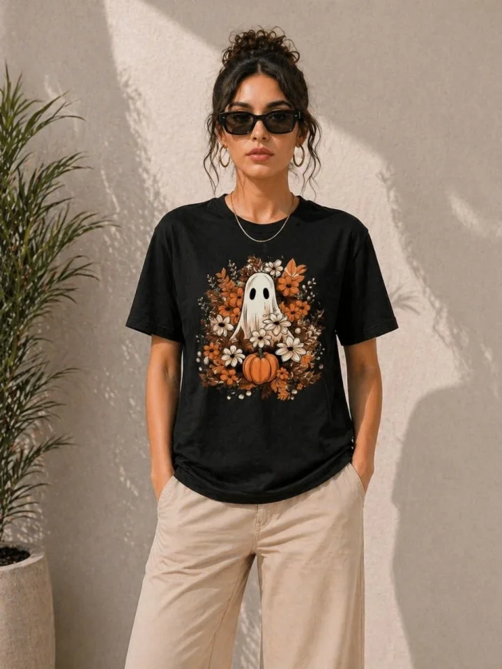 Balkabağı Hayalet Baskılı Tişört Kısa Kol Yazlık T-Shirt - Siyah