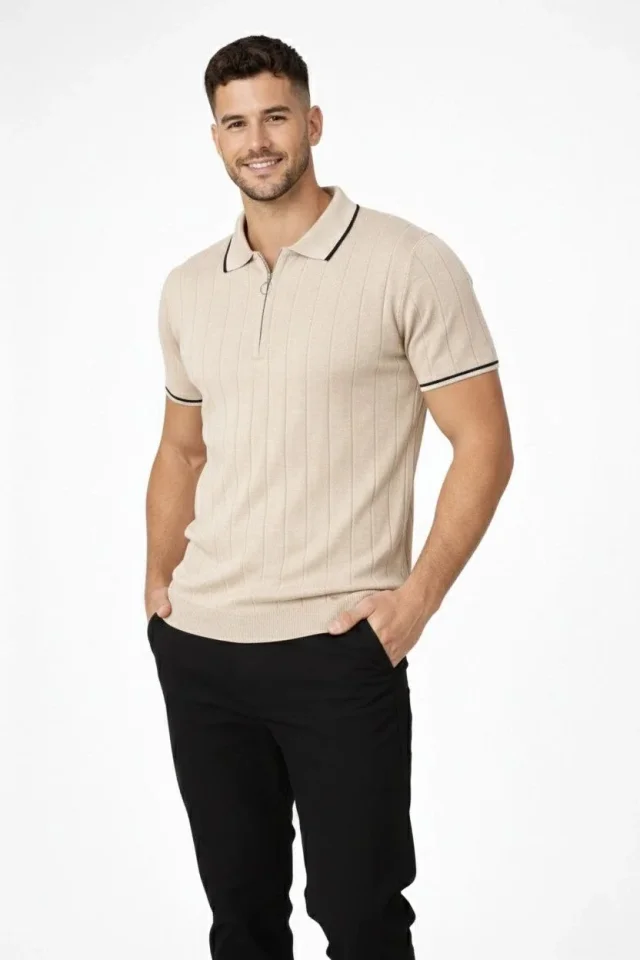 Erkek Dokuma Triko Tişört Fermuar Yakalı Yazlık Kısa Kol T-Shirt 2’li Set Bej-Beyaz