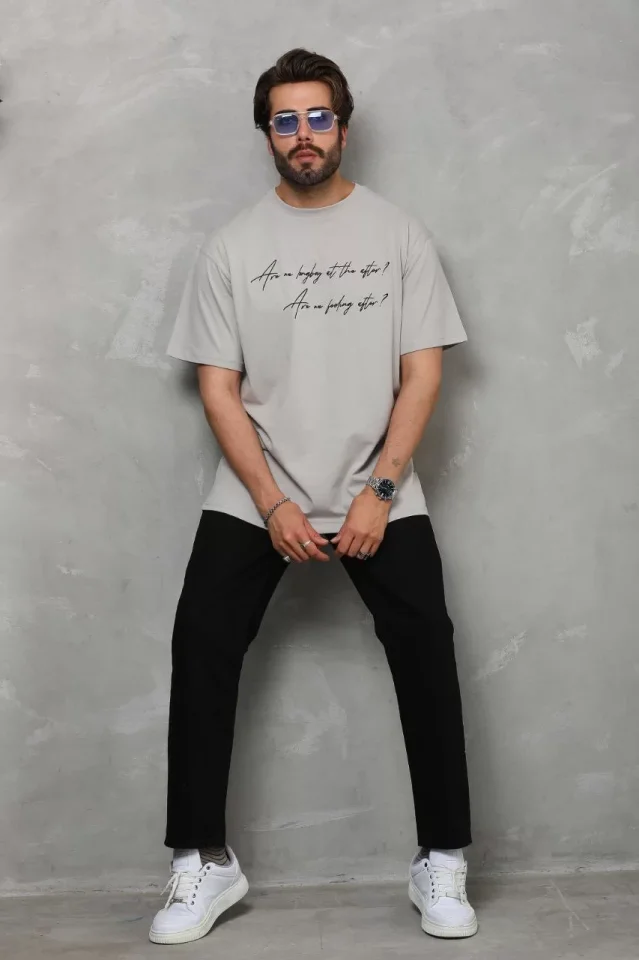 Unisex Bisiklet Yaka Baskılı Oversize T-Shirt - Gri
