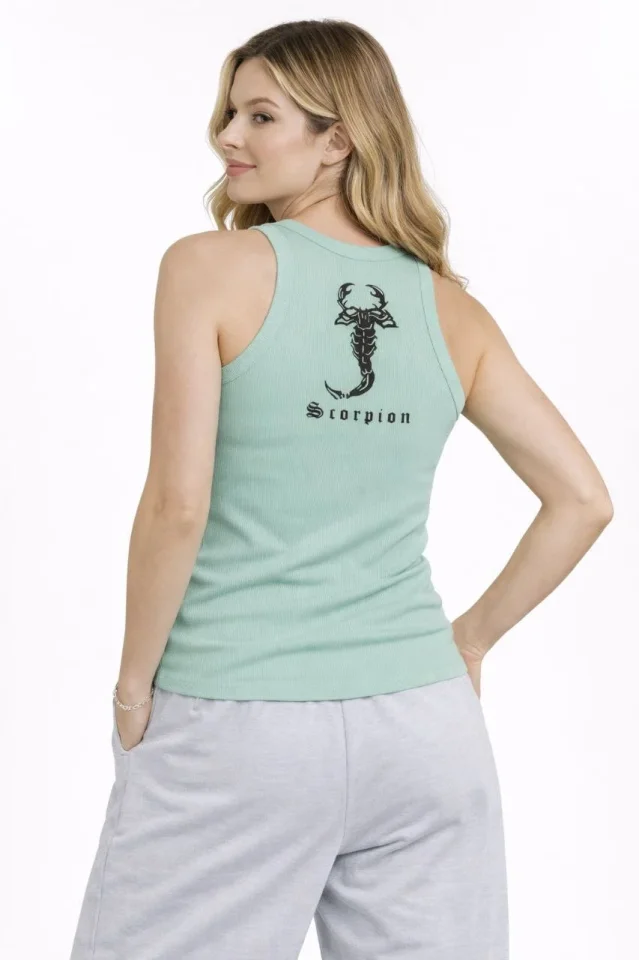 Fitilli Atlet Sıfır Yaka Slim Fit Arka Baskılı Spor Atlet - Mint Yeşili