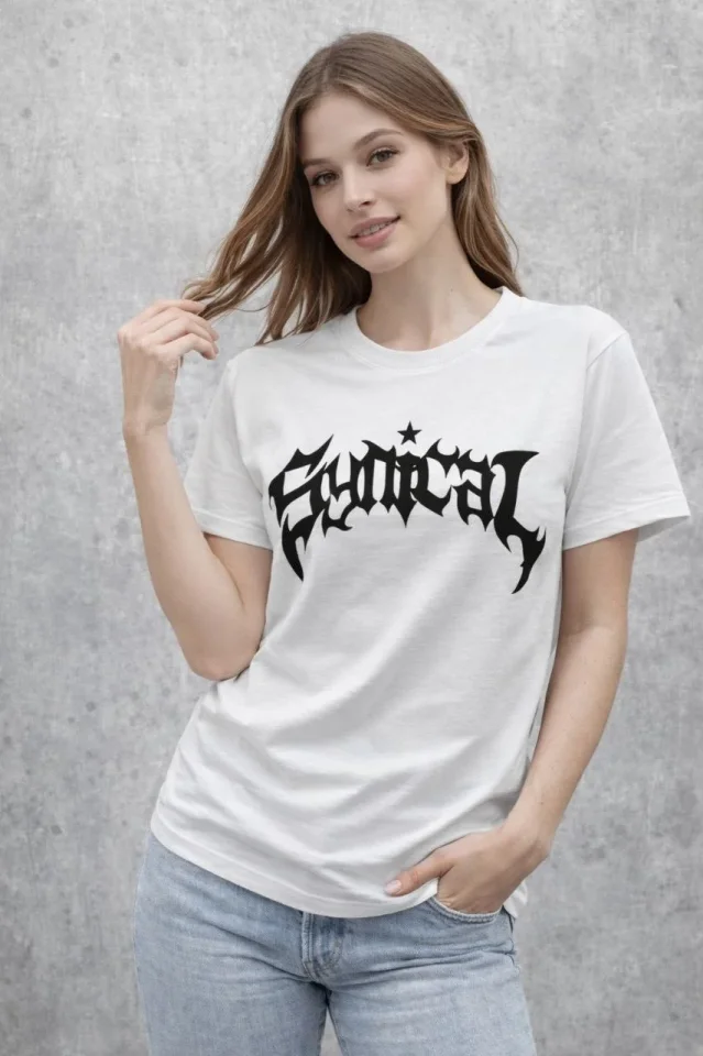 Bisiklet Yaka Ön Baskılı Kısa Kollu Tişört Streetwear Günlük Basic Pamuklu T-shirt - Beyaz