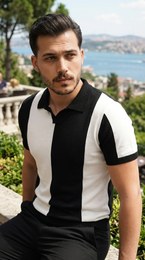 Erkek Kısa Kollu Polo Yakalı Blok Desenli Triko Bluz