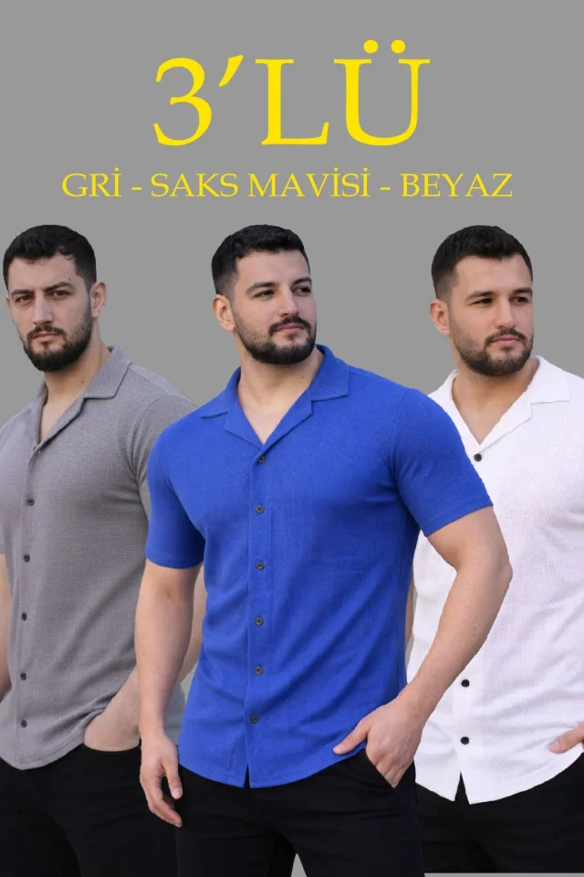 Erkek Waffle Dokuma Açık Yakalı Düğmeli Regular Kalıp 3’lü Gömlek Seti - Gri, Saks Mavisi, Beyaz